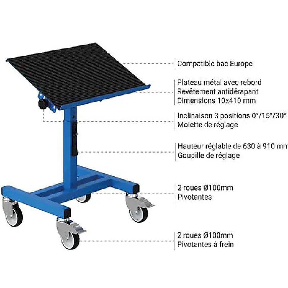 Chariot porte-bac inclinable et réglable - Plateau 610x140mm - Bleu industriel - Bac Europe - W020020011-BI