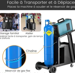 Chariot Servante Atelier à roulettes Chariot de Soudage en Métal avec Chaîne de Sécurité et 4 Tiroirs pour Soudeurs Noir