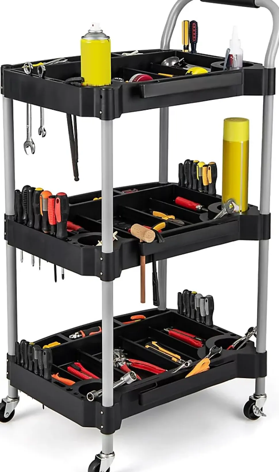 Chariot Service Atelier Chariot Outils à 3 Niveaux avec Porte Bouteilles Porte Outils Moulés Poignée Ergonomique