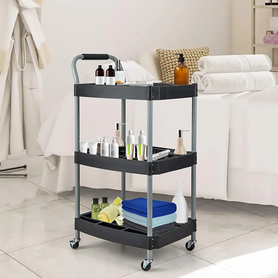 Chariot Service Atelier Chariot Outils à 3 Niveaux avec Porte Bouteilles Porte Outils Moulés Poignée Ergonomique