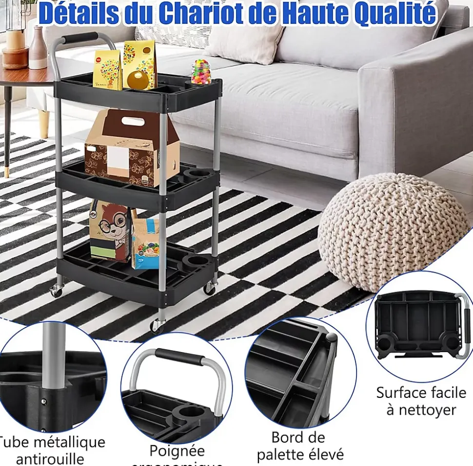 Chariot Service Atelier Chariot Outils à 3 Niveaux avec Porte Bouteilles Porte Outils Moulés Poignée Ergonomique