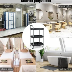 Chariot Service Atelier Chariot Outils à 3 Niveaux avec Porte Bouteilles Porte Outils Moulés Poignée Ergonomique