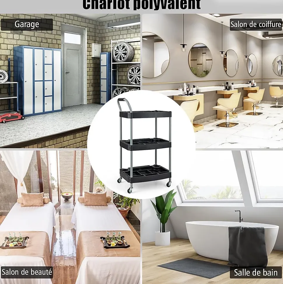 Chariot Service Atelier Chariot Outils à 3 Niveaux avec Porte Bouteilles Porte Outils Moulés Poignée Ergonomique