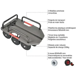 Chariot tout terrain avec 3 ridelles - Roues pneumatiques - Charge max 250kg - M-SUPERHOND-LB-RID
