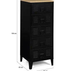 Chiffonnier 5 tiroirs ESTER 40 cm métal noir et plateau façon hêtre design industriel