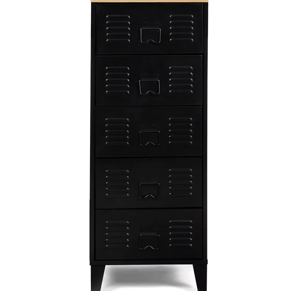 Chiffonnier 5 tiroirs ESTER 40 cm métal noir et plateau façon hêtre design industriel