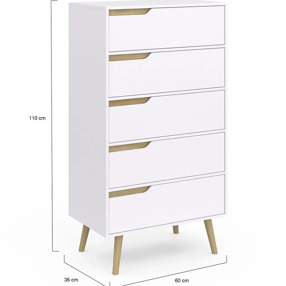 Chiffonnier 5 tiroirs HELSINKI 60 cm scandinave blanc commode semainier