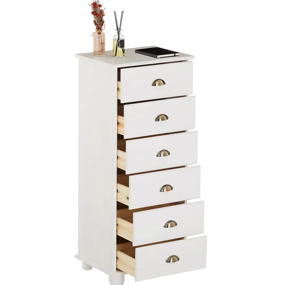 Chiffonnier COLMAR en pin massif lasuré blanc, avec 6 tiroirs