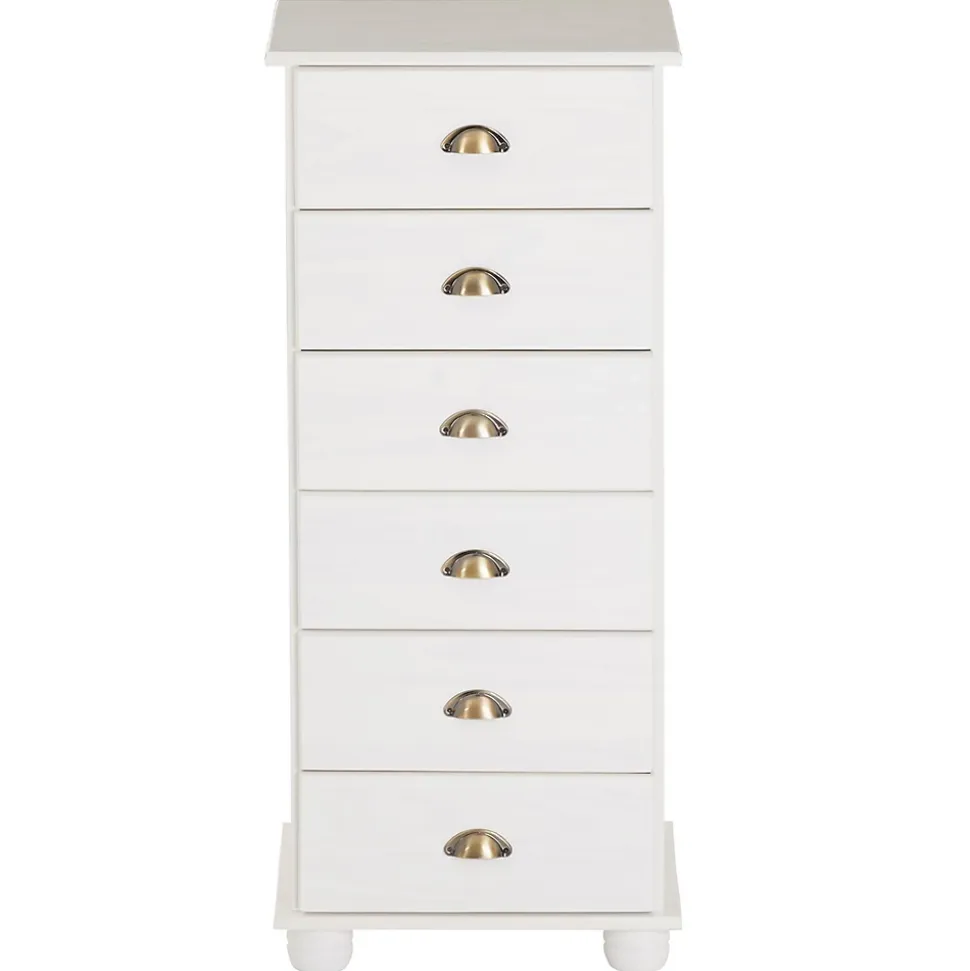 Chiffonnier COLMAR en pin massif lasuré blanc, avec 6 tiroirs
