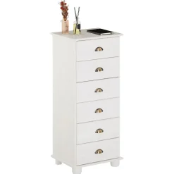 Chiffonnier COLMAR en pin massif lasuré blanc, avec 6 tiroirs