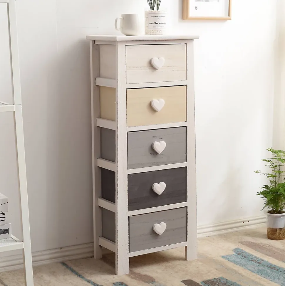 Chiffonnier Commode 5 Tiroirs Bois Blanc Beige Gris 87x37x27