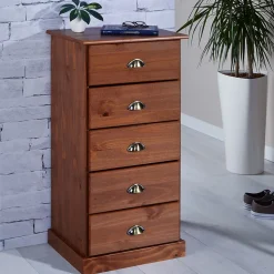 Chiffonnier PARIS en pin massif, 5 tiroirs, lasuré brun foncé