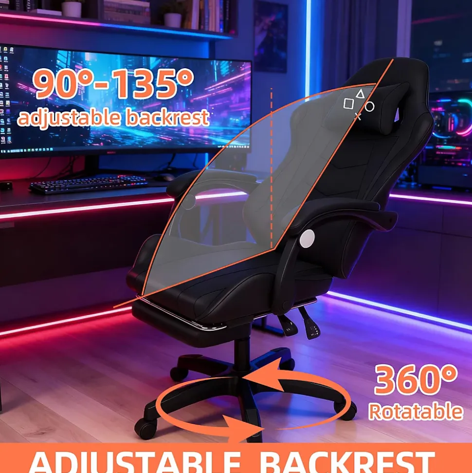 Clutch - Chaise de Gaming Ergonomique avec Coussin Lombaire, Appuie-tête et Repose-pieds en PVC Noir