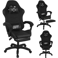 Clutch - Chaise de Gaming Ergonomique avec Coussin Lombaire, Appuie-tête et Repose-pieds en PVC Noir