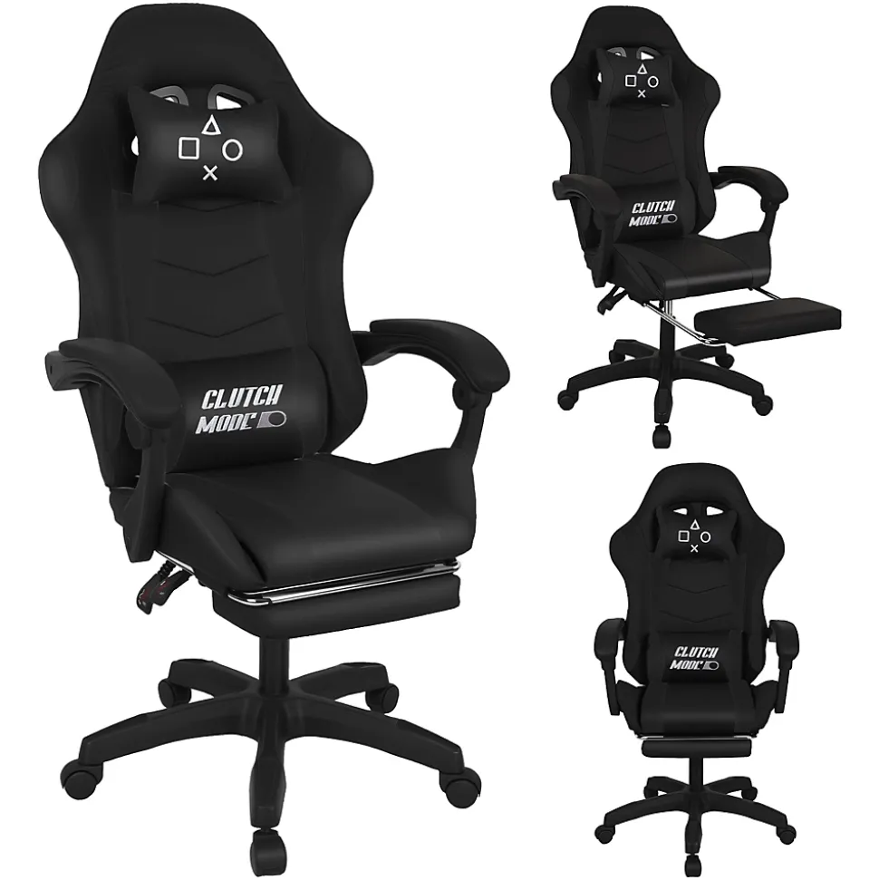 Clutch - Chaise de Gaming Ergonomique avec Coussin Lombaire, Appuie-tête et Repose-pieds en PVC Noir