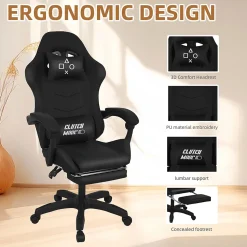 Clutch - Chaise de Gaming Ergonomique avec Coussin Lombaire, Appuie-tête et Repose-pieds en PVC Noir