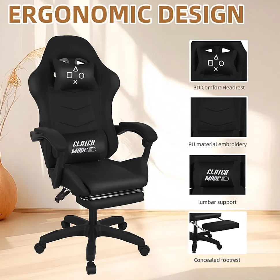 Clutch - Chaise de Gaming Ergonomique avec Coussin Lombaire, Appuie-tête et Repose-pieds en PVC Noir