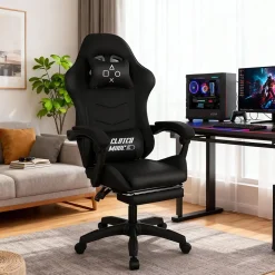 Clutch - Chaise de Gaming Ergonomique avec Coussin Lombaire, Appuie-tête et Repose-pieds en PVC Noir