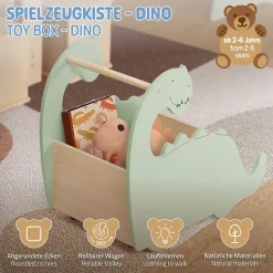 Coffre à jouets design dino bibliothèque bois à roulettes chambre d'enfant