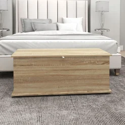 Coffre malle de rangement coffre à jouets dim. 100L x 40l x 40H cm panneaux particules bois chêne