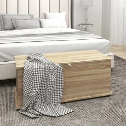 Coffre malle de rangement coffre à jouets dim. 100L x 40l x 40H cm panneaux particules bois chêne
