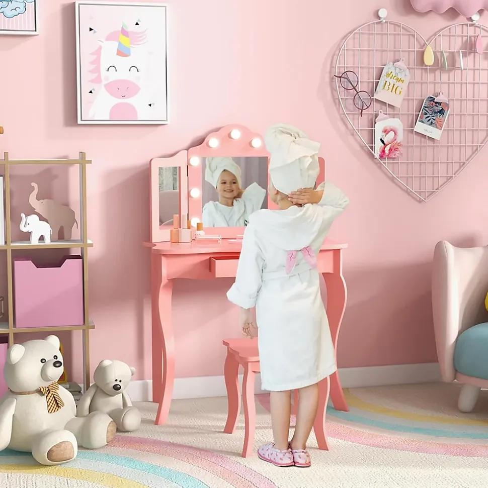 Coiffeuse. 3 Ans Table de Maquillage pour Enfant avec Tabouret Miroir LED à 3 Couleurs Style Princesse