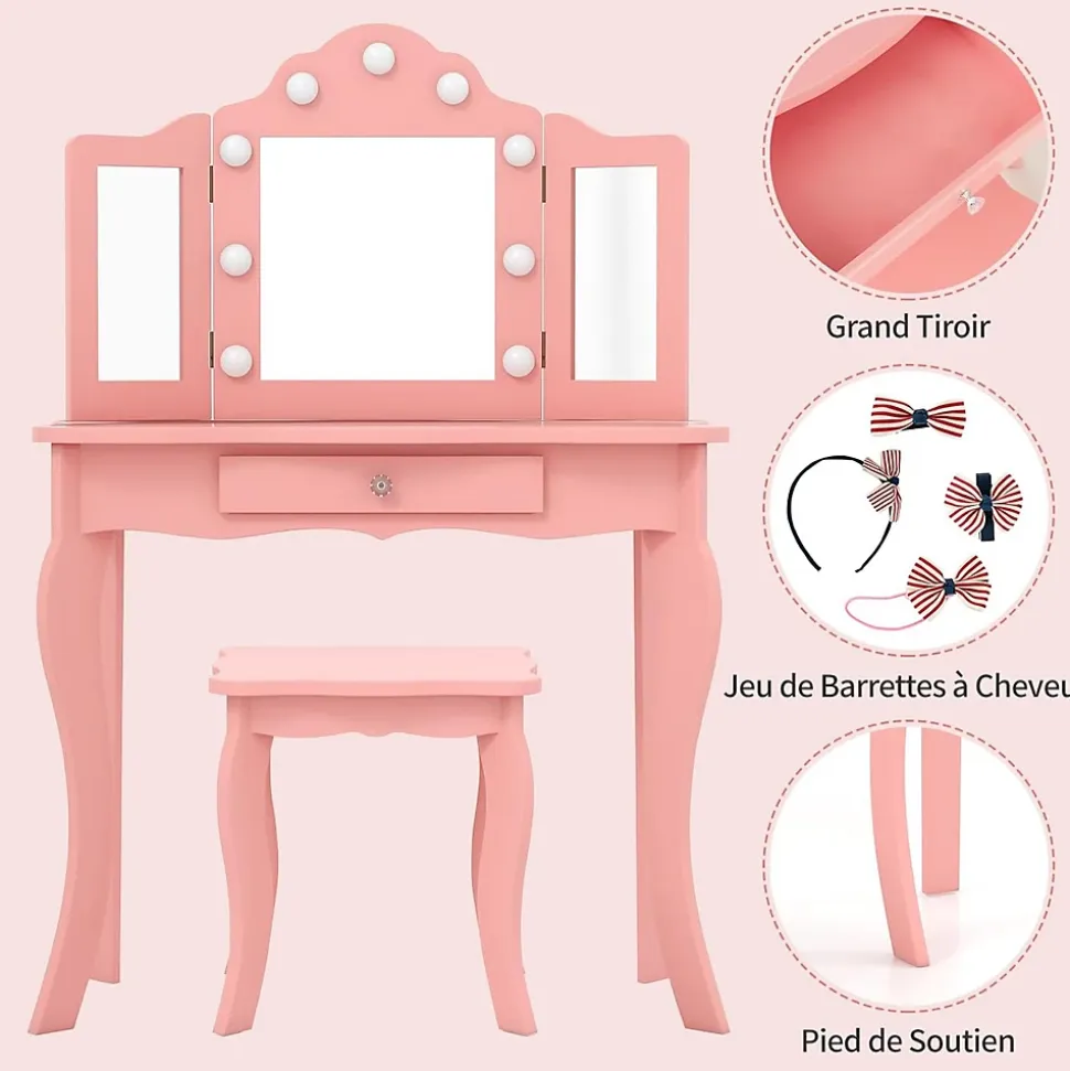 Coiffeuse. 3 Ans Table de Maquillage pour Enfant avec Tabouret Miroir LED à 3 Couleurs Style Princesse