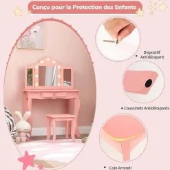 Coiffeuse. 3 Ans Table de Maquillage pour Enfant avec Tabouret Miroir LED à 3 Couleurs Style Princesse