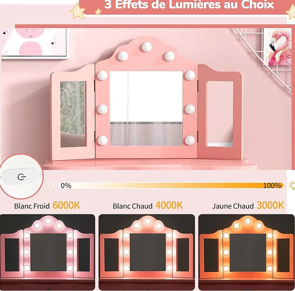 Coiffeuse. 3 Ans Table de Maquillage pour Enfant avec Tabouret Miroir LED à 3 Couleurs Style Princesse