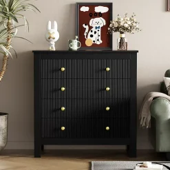 Coiffeuse 79 cm à 5 tiroirs avec façades structurées, poignées dorées et finition noire moderne, pieds renforcés