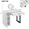 Coiffeuse 100 cm avec miroir LED 3 tons, tiroir et placard, plateau blanc et structure métal noir