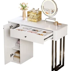 Coiffeuse 100 cm avec miroir LED 3 tons, tiroir et placard, plateau blanc et structure métal noir