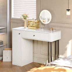 Coiffeuse 100 cm avec miroir LED 3 tons, tiroir et placard, plateau blanc et structure métal noir