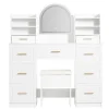 Coiffeuse 120 cm avec miroir lumineux à éclairage led 3 couleurs, 9 tiroirs et grands rangements, style moderne blanc élégant