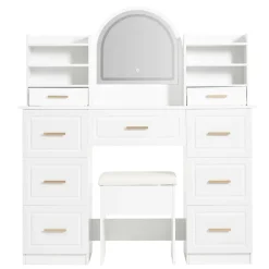 Coiffeuse 120 cm avec miroir lumineux à éclairage led 3 couleurs, 9 tiroirs et grands rangements, style moderne blanc élégant
