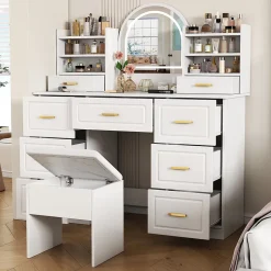 Coiffeuse 120 cm avec miroir lumineux à éclairage led 3 couleurs, 9 tiroirs et grands rangements, style moderne blanc élégant