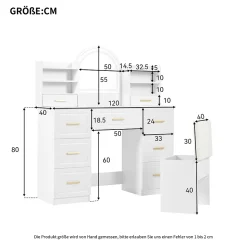 Coiffeuse 120 cm avec miroir lumineux à éclairage led 3 couleurs, 9 tiroirs et grands rangements, style moderne blanc élégant