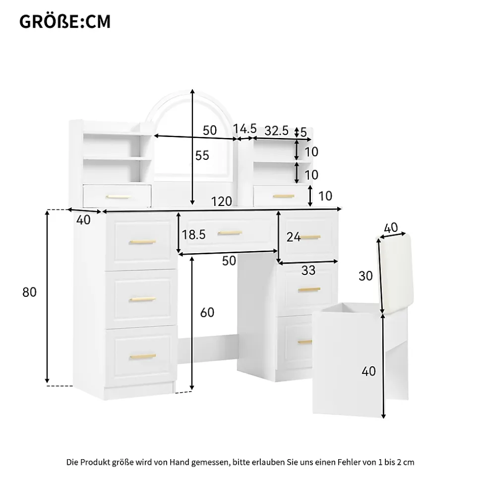 Coiffeuse 120 cm avec miroir lumineux à éclairage led 3 couleurs, 9 tiroirs et grands rangements, style moderne blanc élégant
