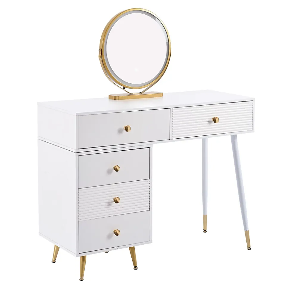 Coiffeuse 100 cm avec miroir LED tactile et caisson modulable, plateau spacieux et finitions blanches