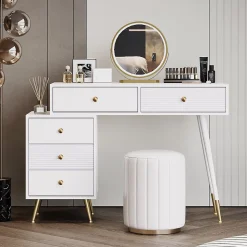 Coiffeuse 100 cm avec miroir LED tactile et caisson modulable, plateau spacieux et finitions blanches