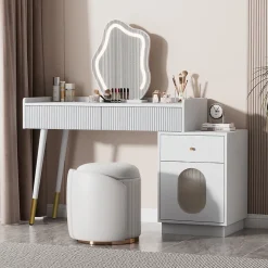 Coiffeuse 100 cm avec miroir LED tactile, tiroirs ondulés et porte vitrée rayée, finition blanche élégante