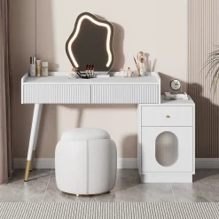 Coiffeuse 100 cm avec miroir LED tactile, tiroirs ondulés et porte vitrée rayée, finition blanche élégante