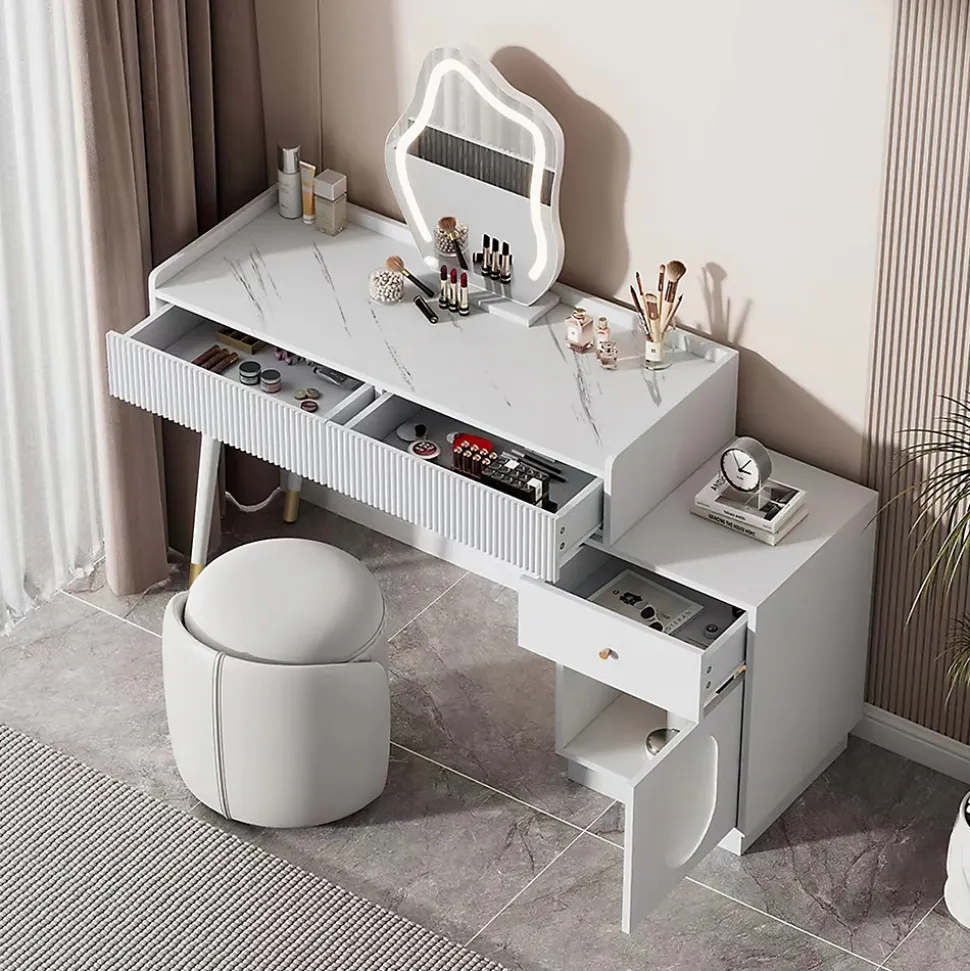 Coiffeuse 100 cm avec miroir LED tactile, tiroirs ondulés et porte vitrée rayée, finition blanche élégante