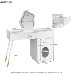 Coiffeuse 100 cm avec miroir LED tactile, tiroirs ondulés et porte vitrée rayée, finition blanche élégante