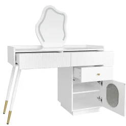 Coiffeuse 100 cm avec miroir LED tactile, tiroirs ondulés et porte vitrée rayée, finition blanche élégante