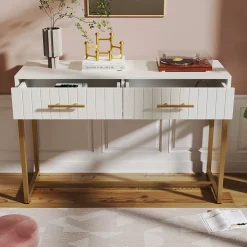 Coiffeuse 100 cm blanche à 2 tiroirs et piètement métal, façades nervurées et poignées dorées, style moderne