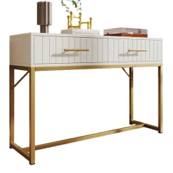 Coiffeuse 100 cm blanche à 2 tiroirs et piètement métal, façades nervurées et poignées dorées, style moderne
