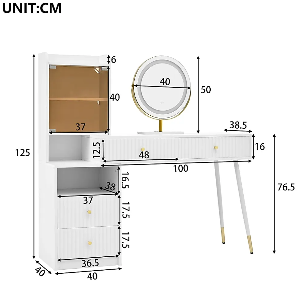 Coiffeuse 100 cm miroir LED tricolore, 4 tiroirs et vitrine lumineuse contrôlable, finition blanche