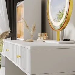 Coiffeuse 100 cm miroir LED tricolore, 4 tiroirs et vitrine lumineuse contrôlable, finition blanche