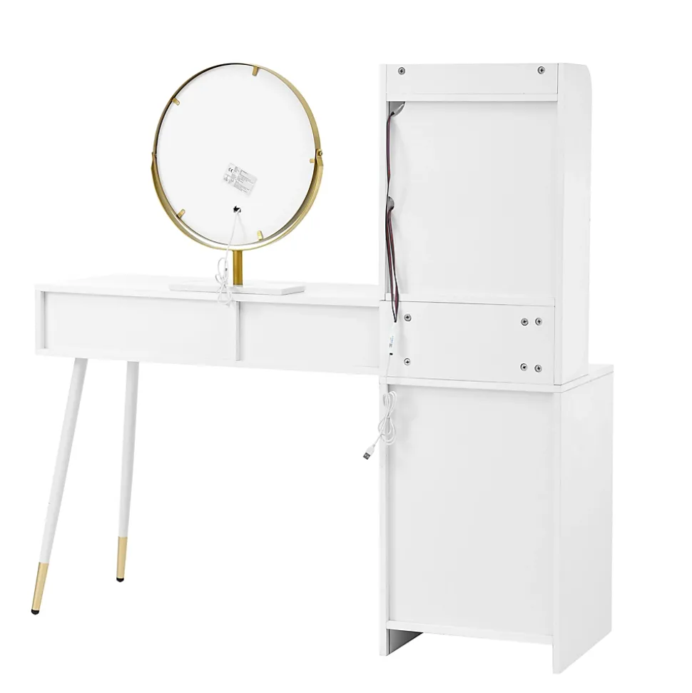 Coiffeuse 100 cm miroir LED tricolore, 4 tiroirs et vitrine lumineuse contrôlable, finition blanche